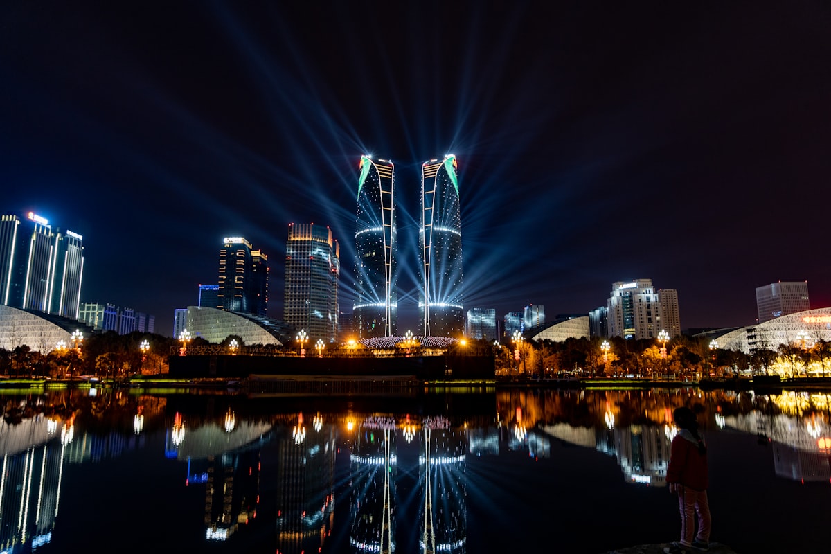 Night light show at Chengdu's twin towers reflected in the lake