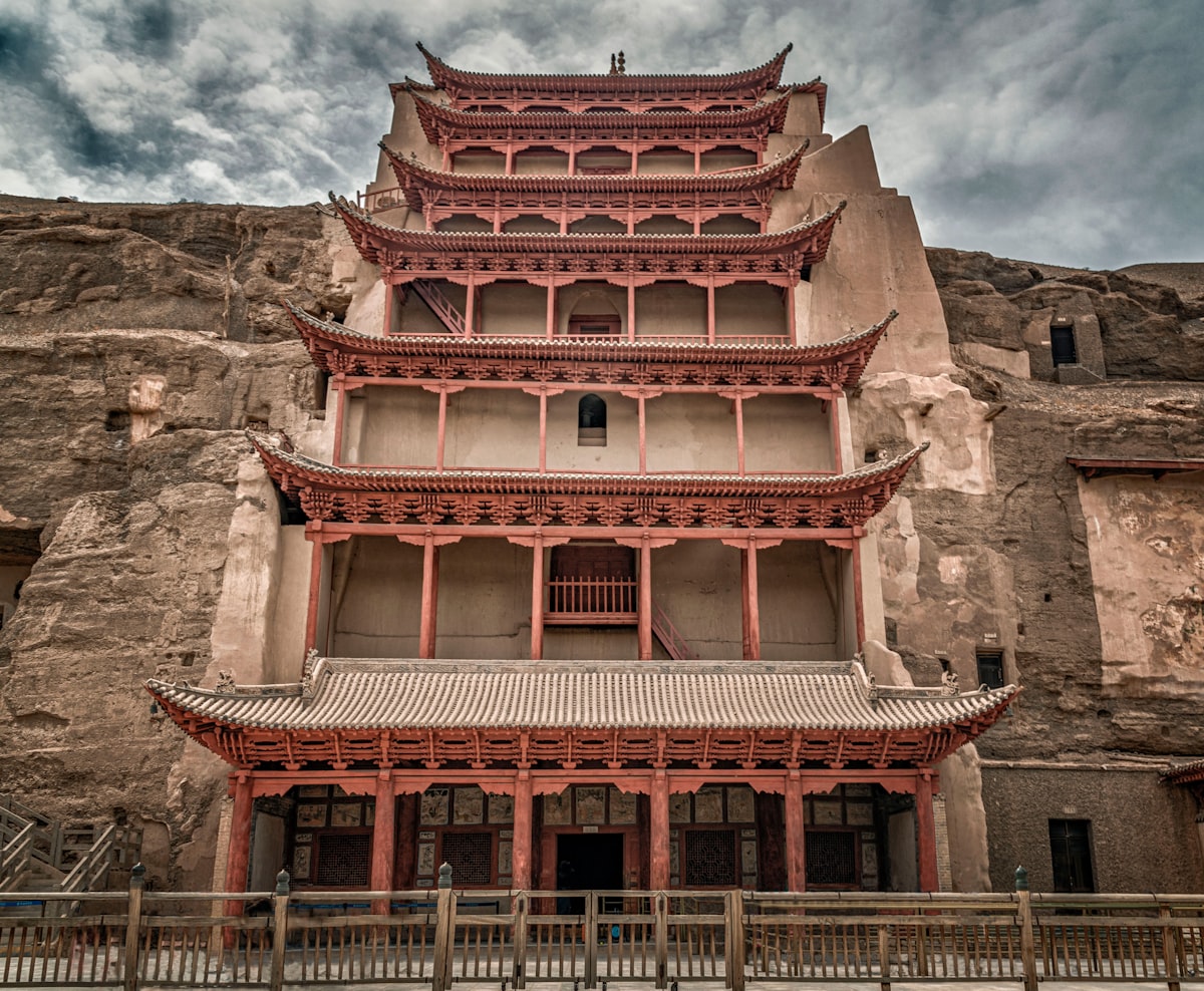 Nine-story temple facade of the Mogao Caves carved into a cliff near Dunhuang