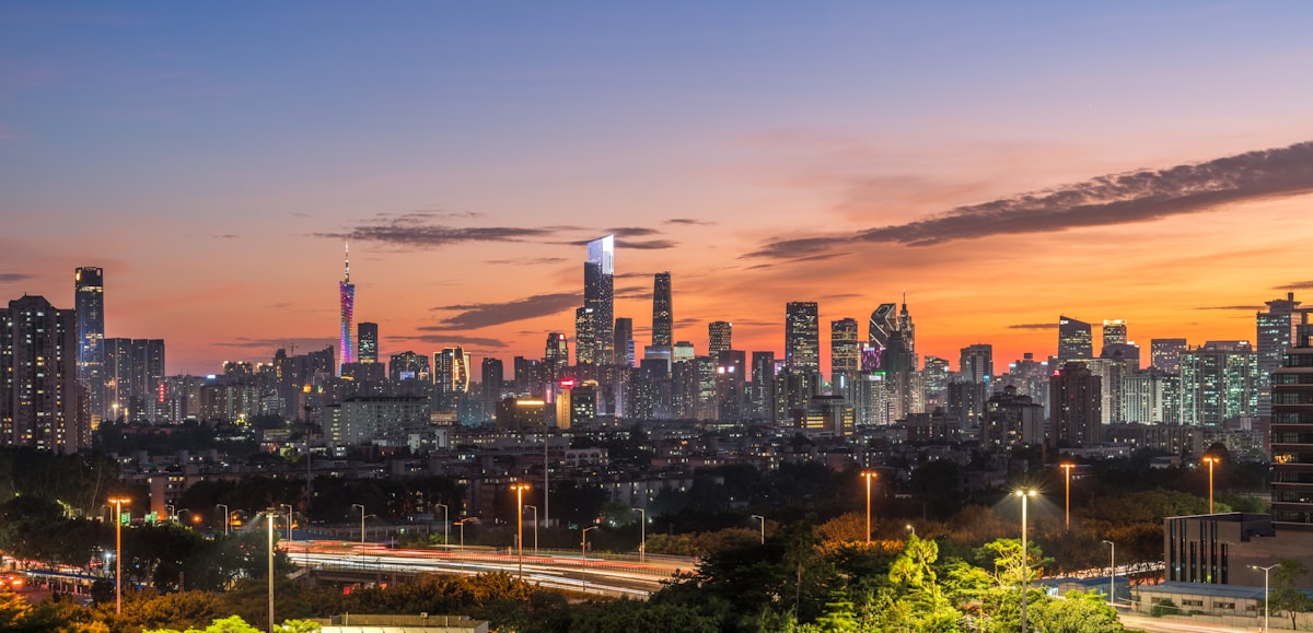 Canton Tower and the Zhujiang New Town skyline at sunset in Guangzhou