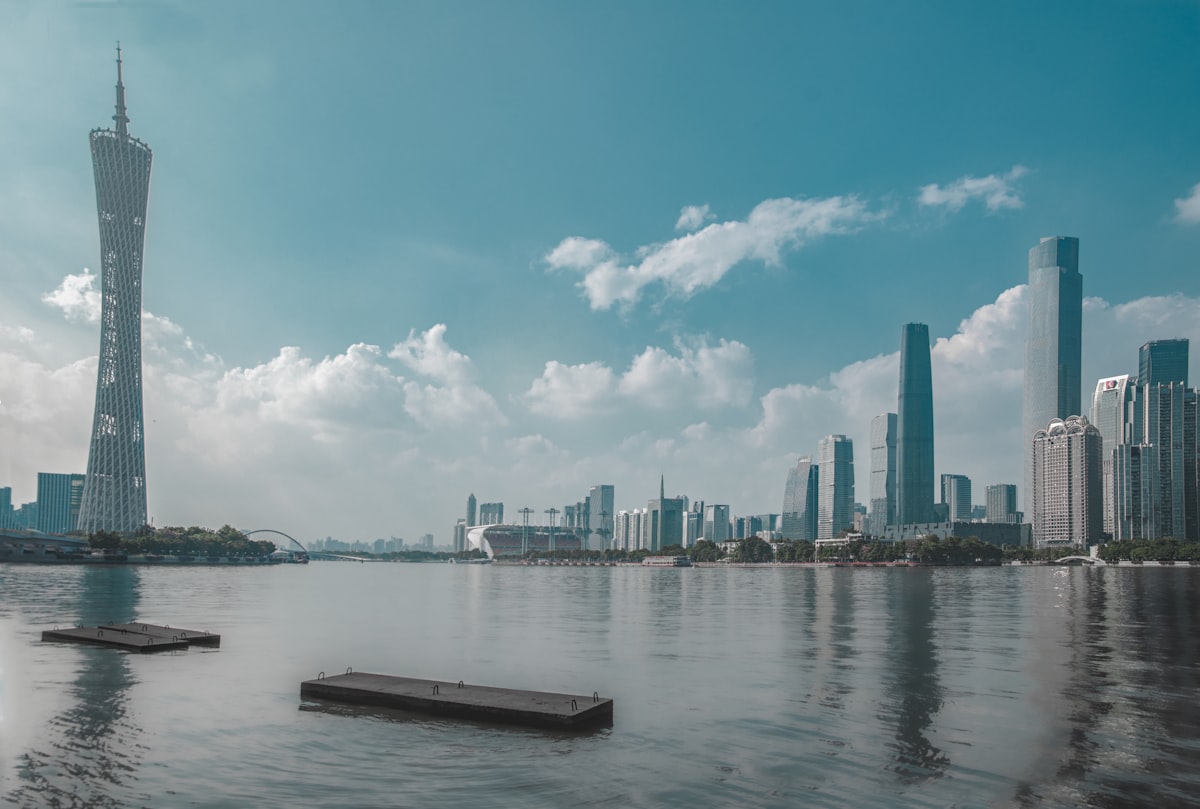 Canton Tower across the Pearl River from Guangzhou's CBD on an overcast day