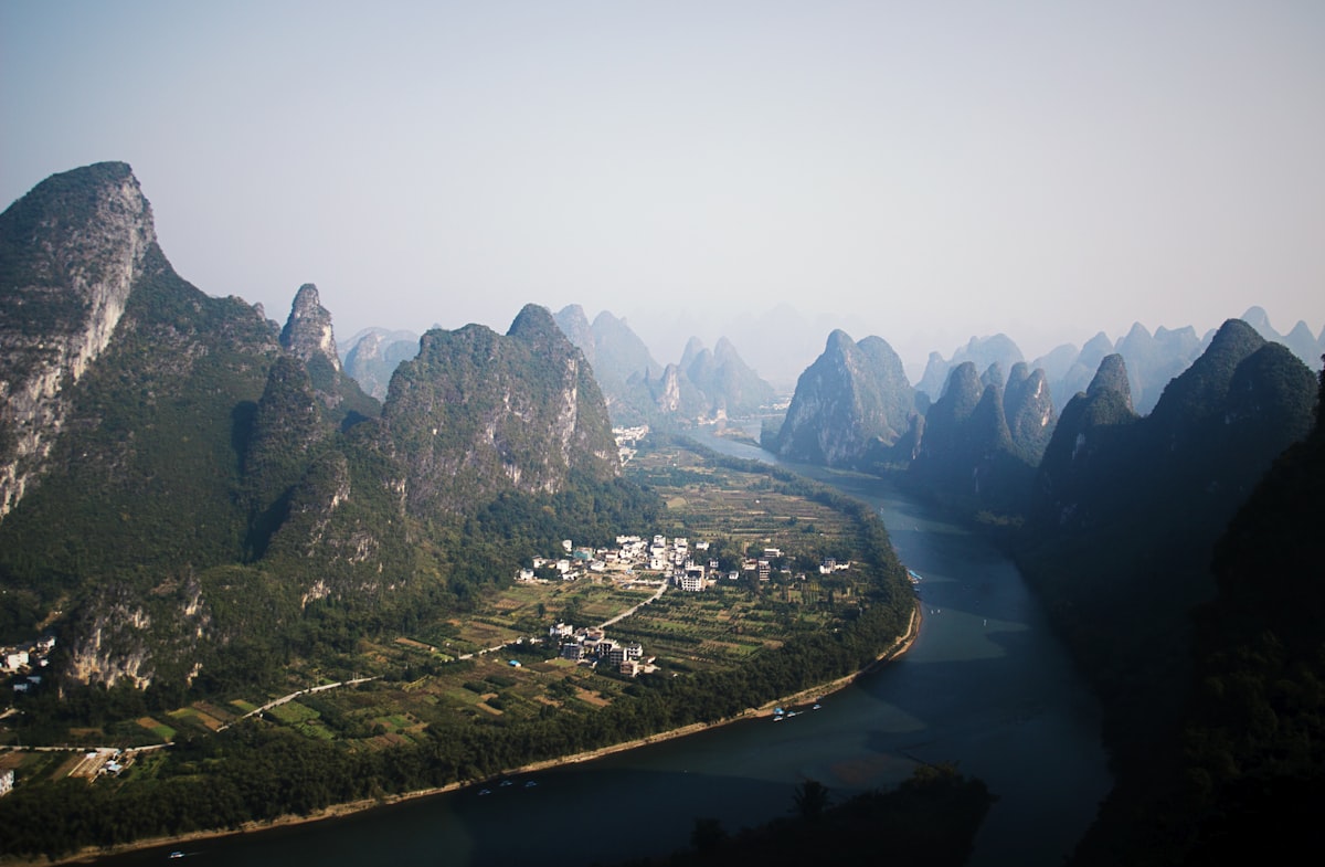 Li River curving through karst peaks at Xingping near Guilin