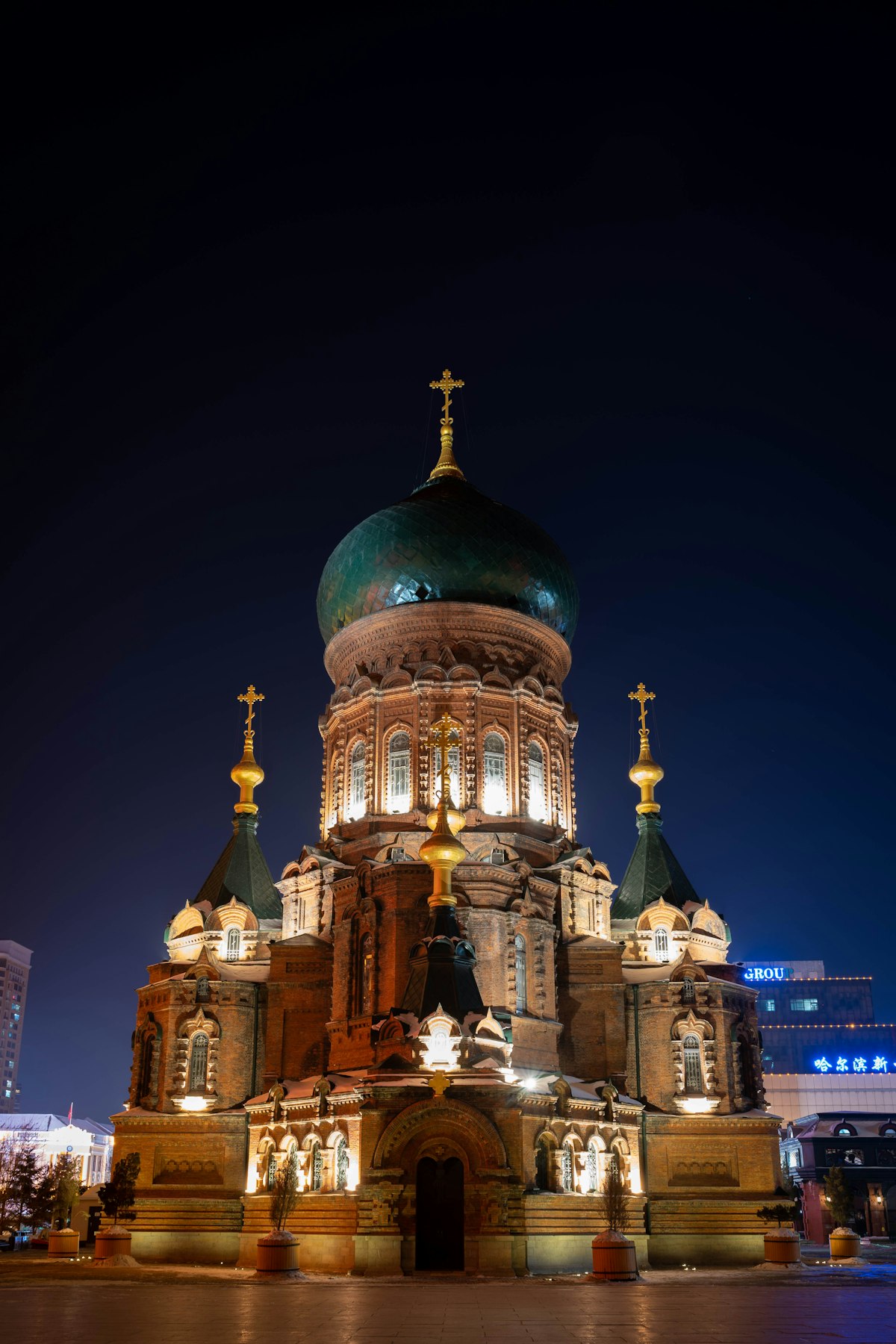 Saint Sophia Cathedral illuminated at night in central Harbin