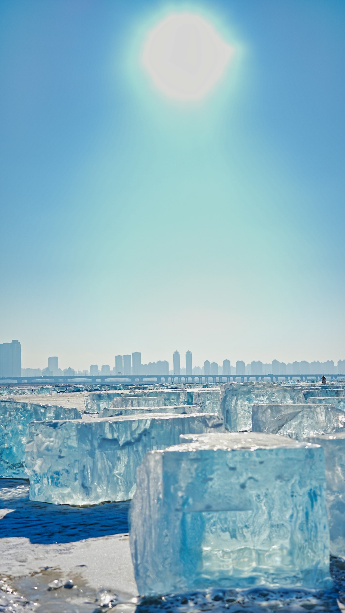 Harvested ice blocks on the frozen Songhua River with Harbin's skyline in the distance