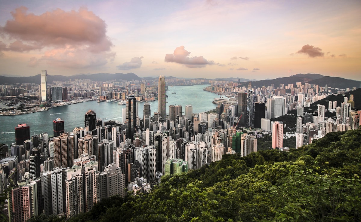 Victoria Harbour and Hong Kong's skyline seen from Victoria Peak at sunset