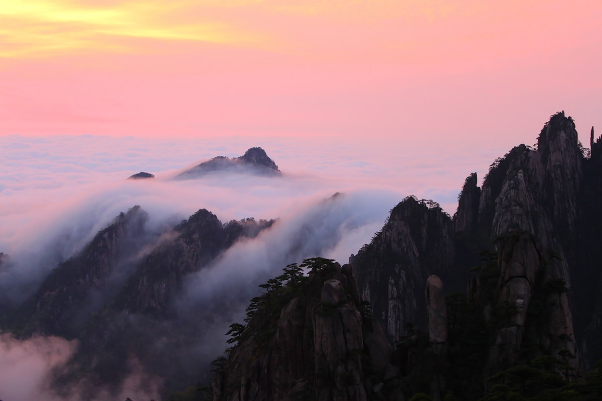 Pink sunrise over the cloud sea and jagged peaks of the Yellow Mountains