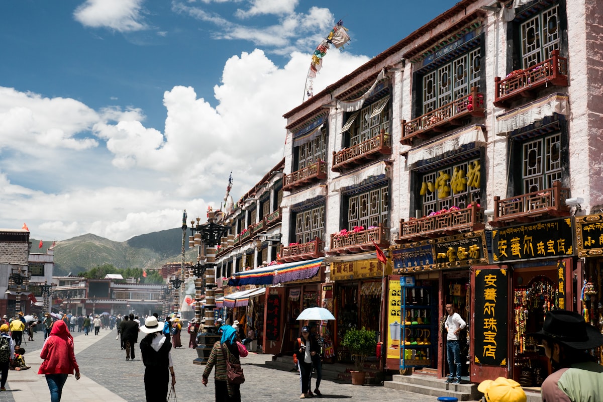Pilgrims and shoppers on Barkhor Street in the old town of Lhasa
