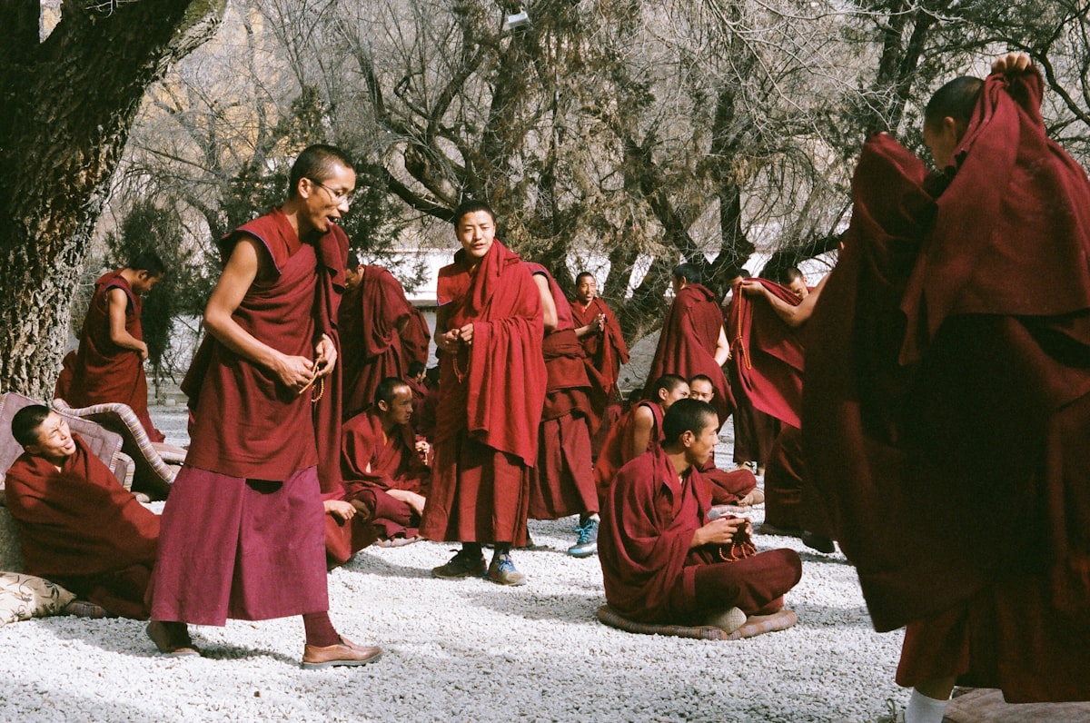 Monks debating in the tree-shaded courtyard of Sera Monastery, Lhasa