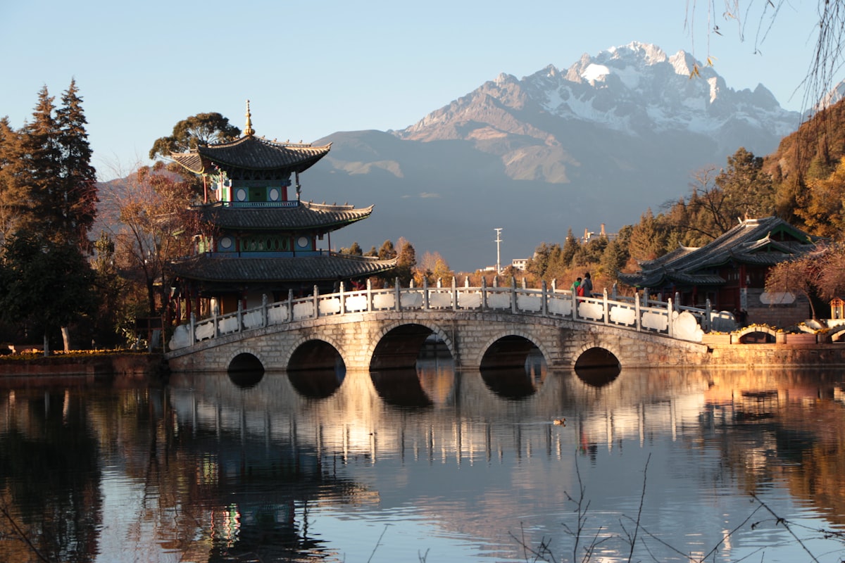 Suocui Bridge and pavilion at Black Dragon Pool with Jade Dragon Snow Mountain behind, Lijiang