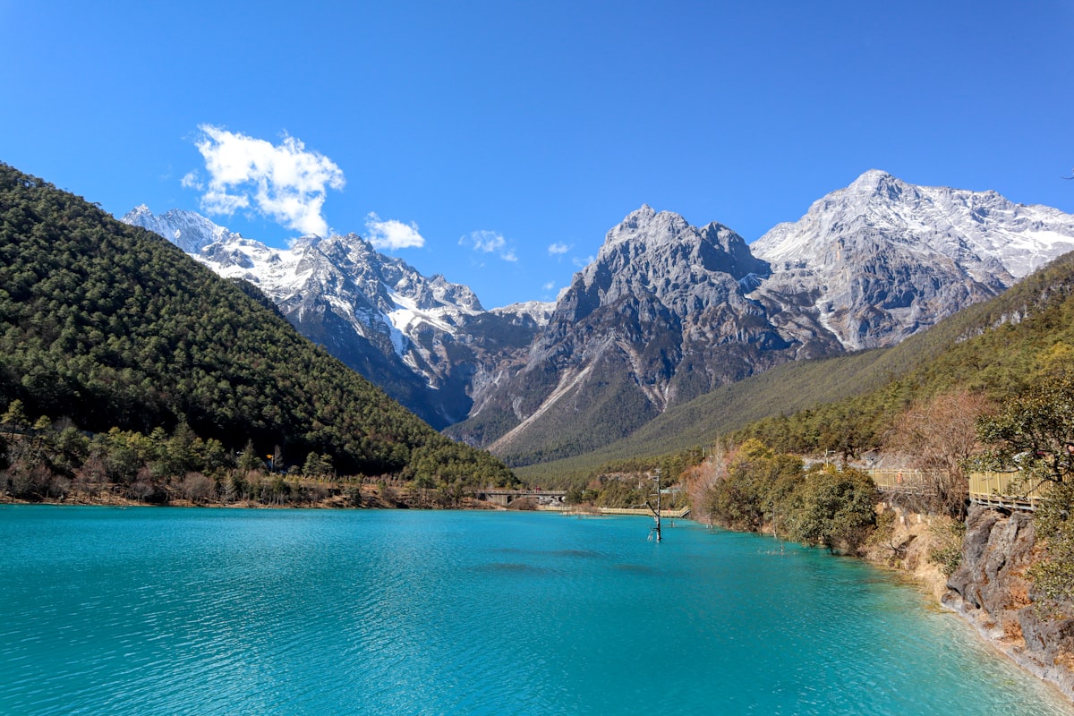 Turquoise water of Blue Moon Valley below Jade Dragon Snow Mountain near Lijiang