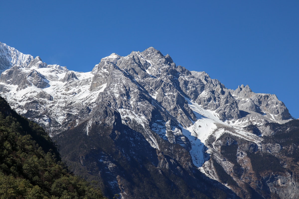 Snow-covered peaks of Jade Dragon Snow Mountain under a clear sky, Lijiang