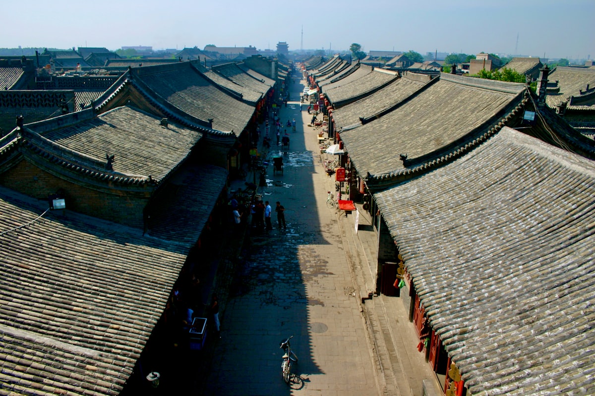 Grey tiled rooftops of Pingyao ancient city seen from the city wall
