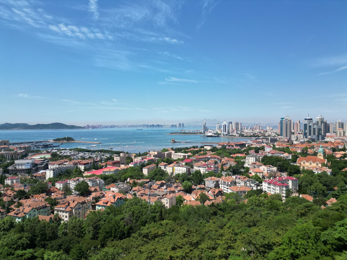 Hilltop view over Qingdao's old town, harbor and modern skyline