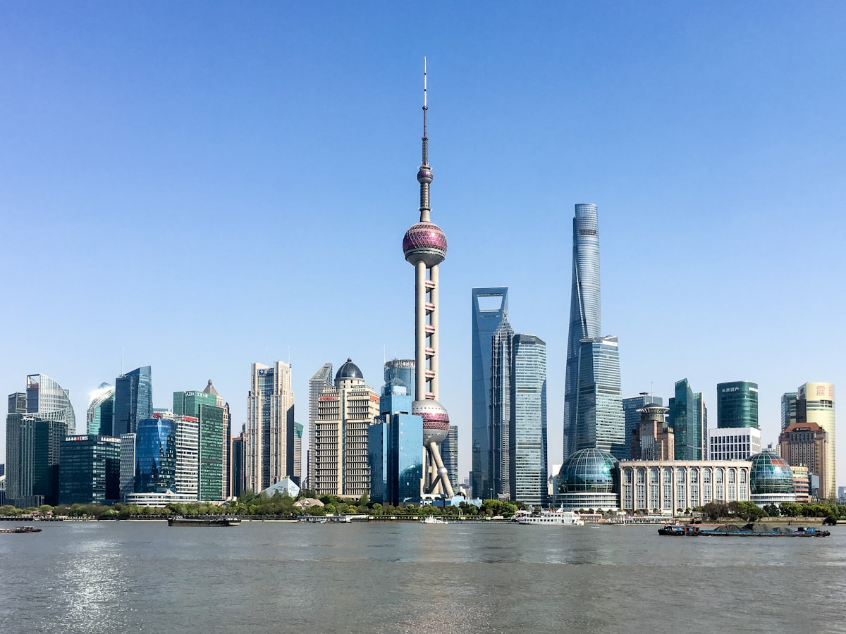 Oriental Pearl Tower and the Lujiazui skyline across the Huangpu River from the Bund, Shanghai
