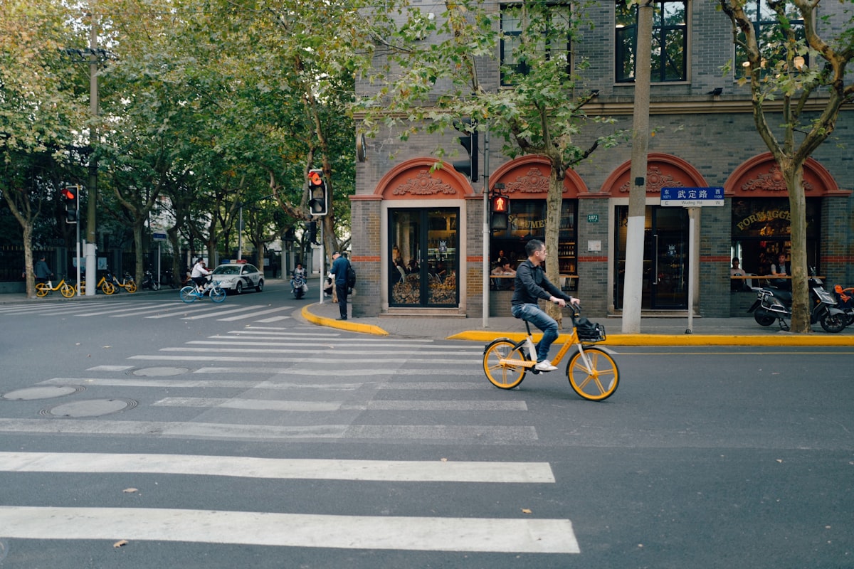 Cyclist crossing a quiet tree-lined street in Shanghai's former French Concession