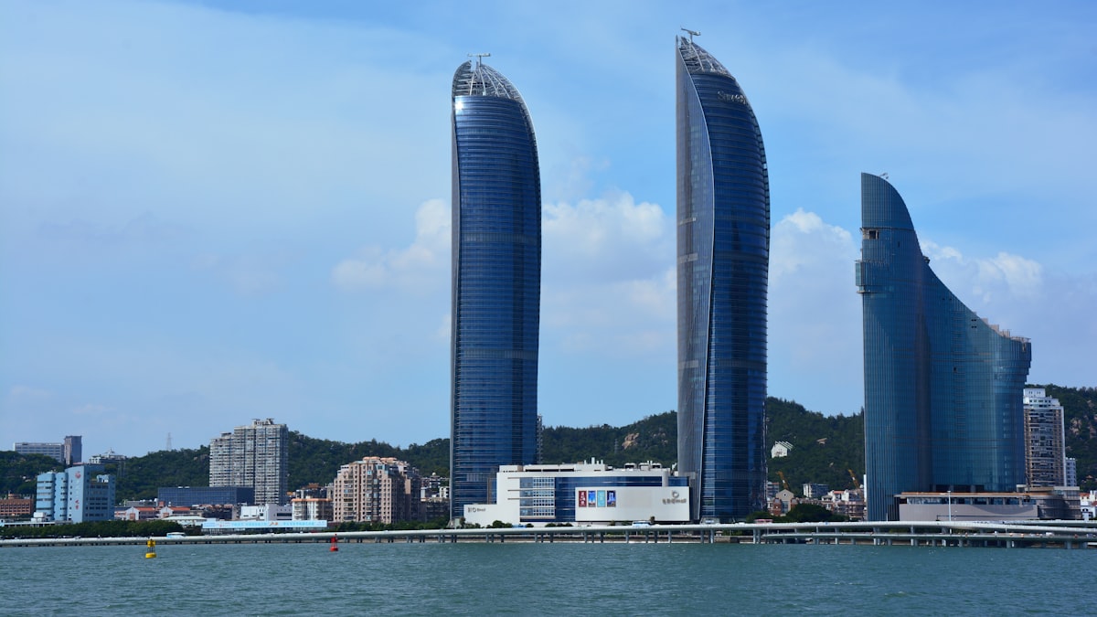 The sail-shaped Shimao Straits Towers on Xiamen's waterfront