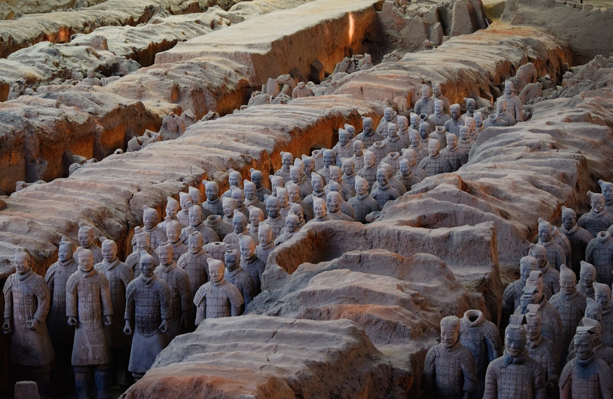 Rows of Terracotta Army warriors standing in the excavation pit near Xi'an