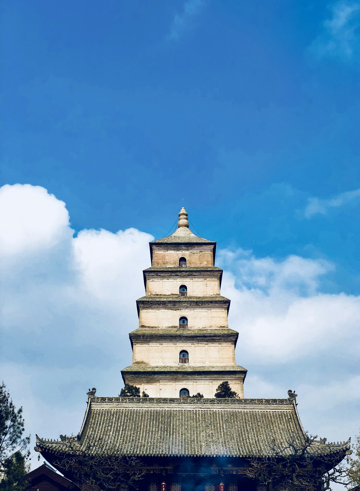 Giant Wild Goose Pagoda rising against a blue sky in Xi'an