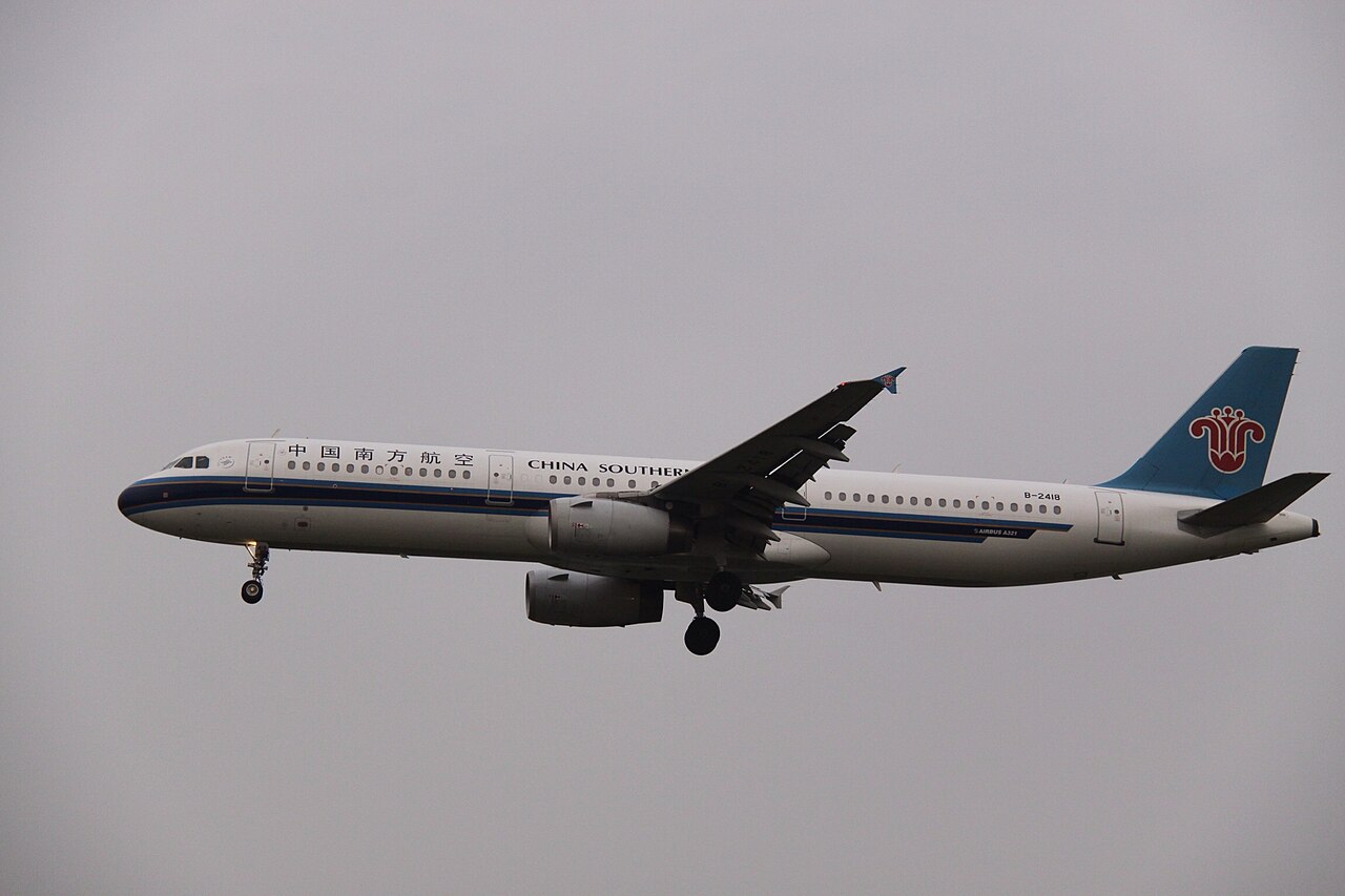 A China Southern Airbus A321 in the airline's blue and white livery on approach, landing gear down against a grey sky.