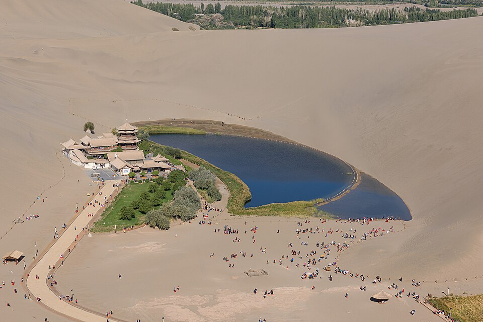 Crescent Lake oasis cradled by the Dunhuang sand dunes
