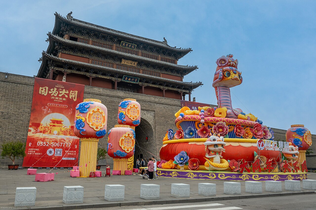 The gate tower of Datong's city wall above the festival street