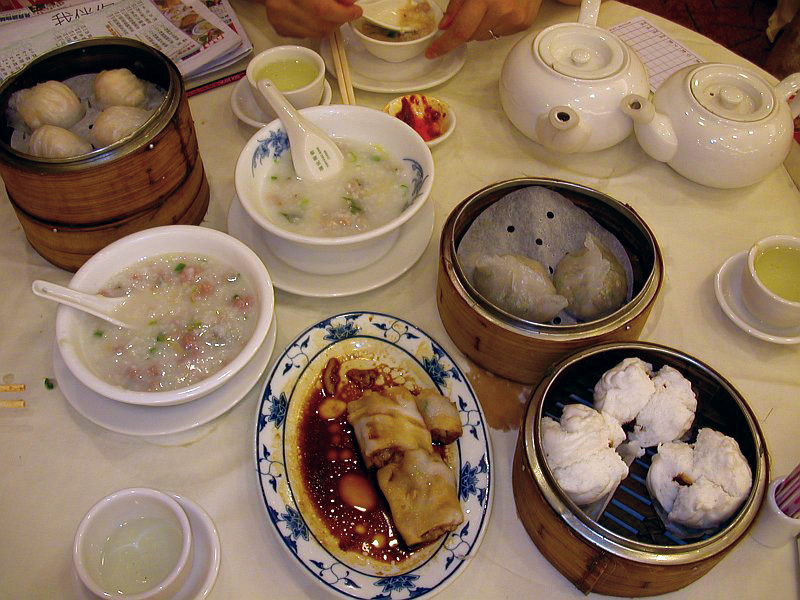 A spread of Cantonese dim sum on a table