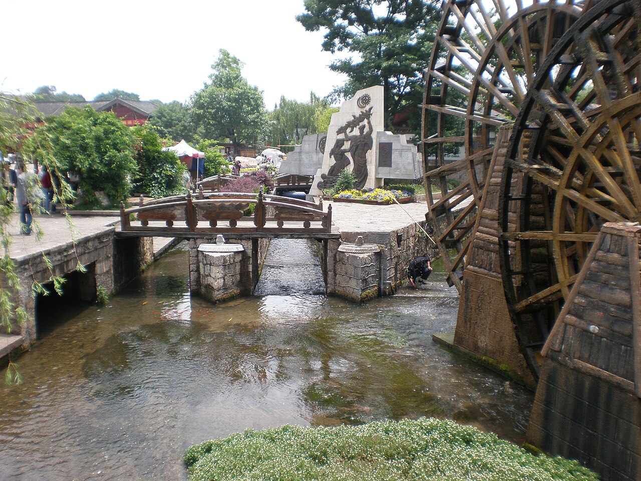 Canal and water wheels at the entrance to Lijiang old town