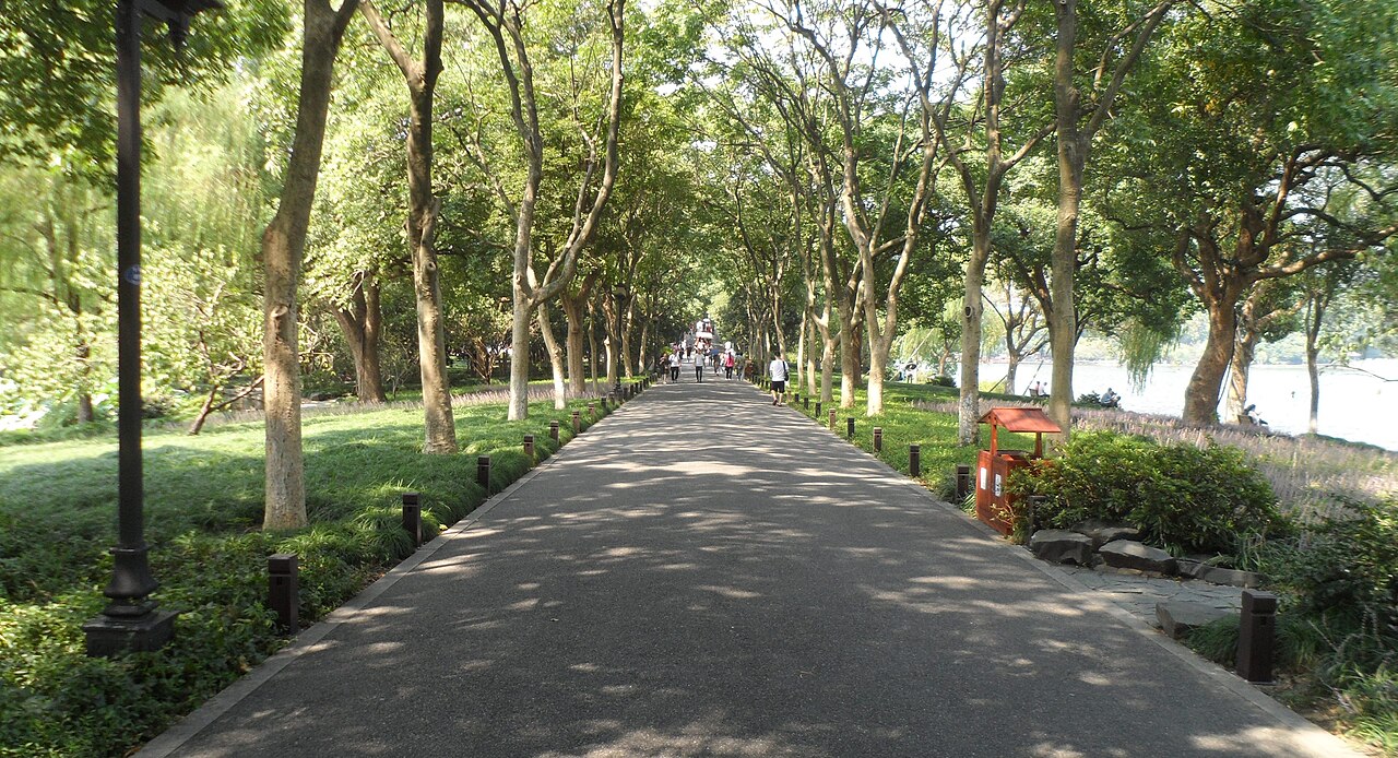 The tree-lined path of the Su Causeway crossing West Lake, Hangzhou