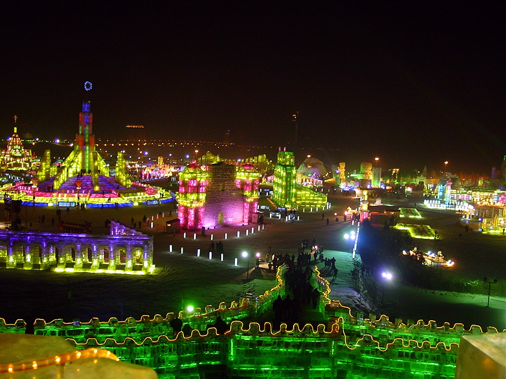 Illuminated ice castles at the Harbin Ice and Snow World