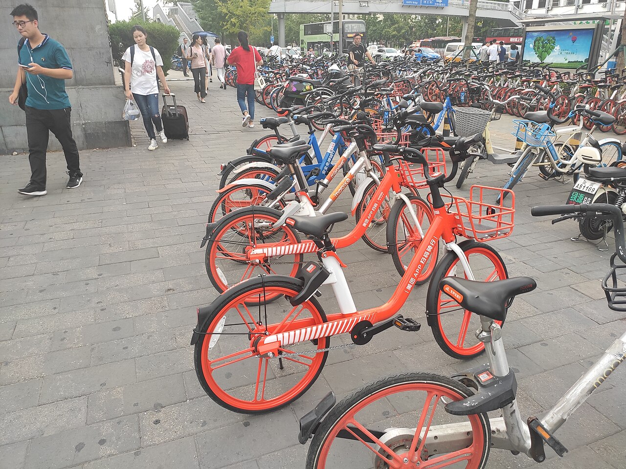A row of Meituan shared bicycles parked on a Beijing street