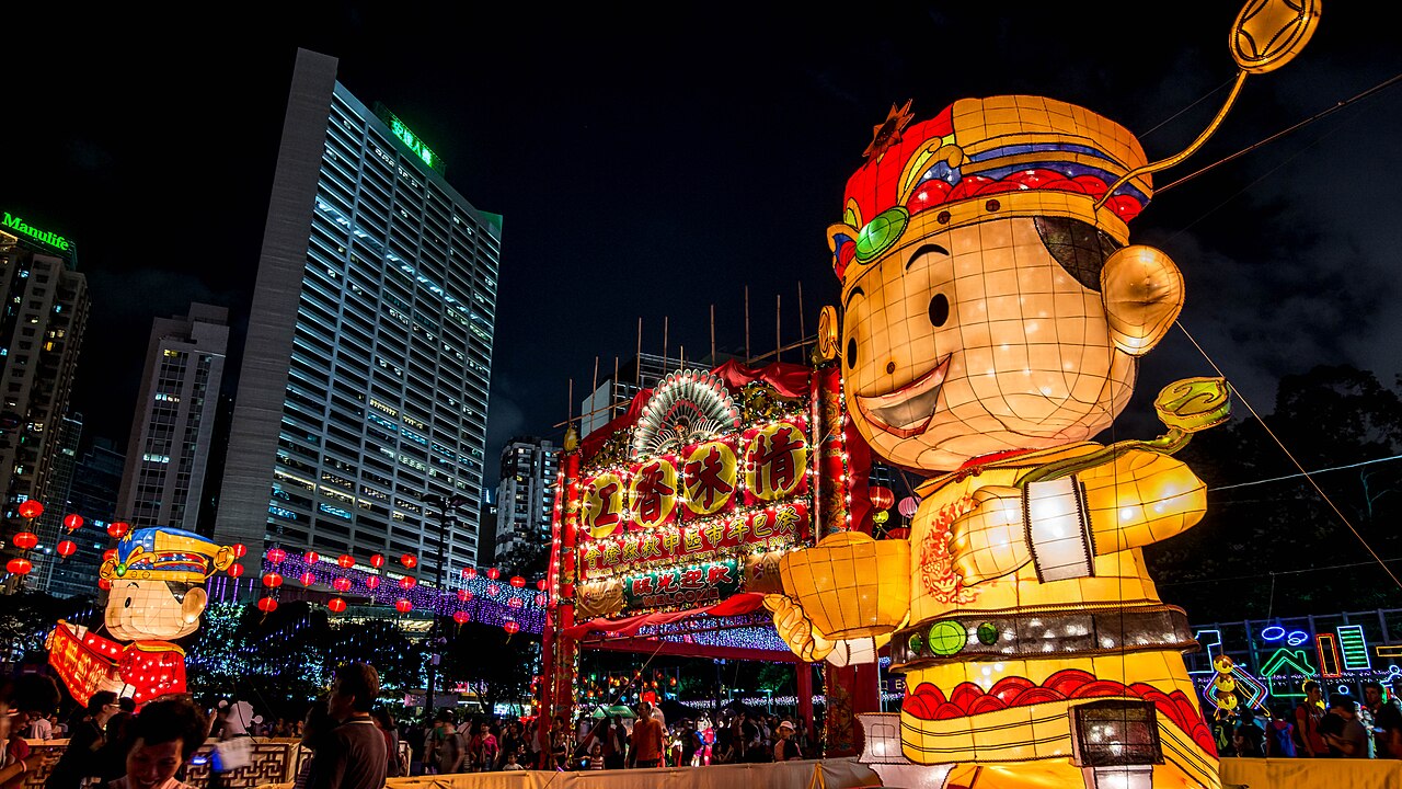Rows of glowing lanterns at the Mid-Autumn Lantern Carnival in Victoria Park, Hong Kong