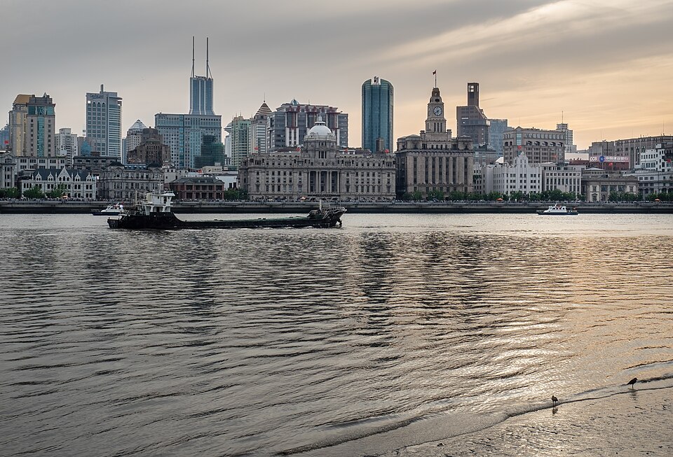 The Bund waterfront promenade with the Pudong skyline across the river, Shanghai
