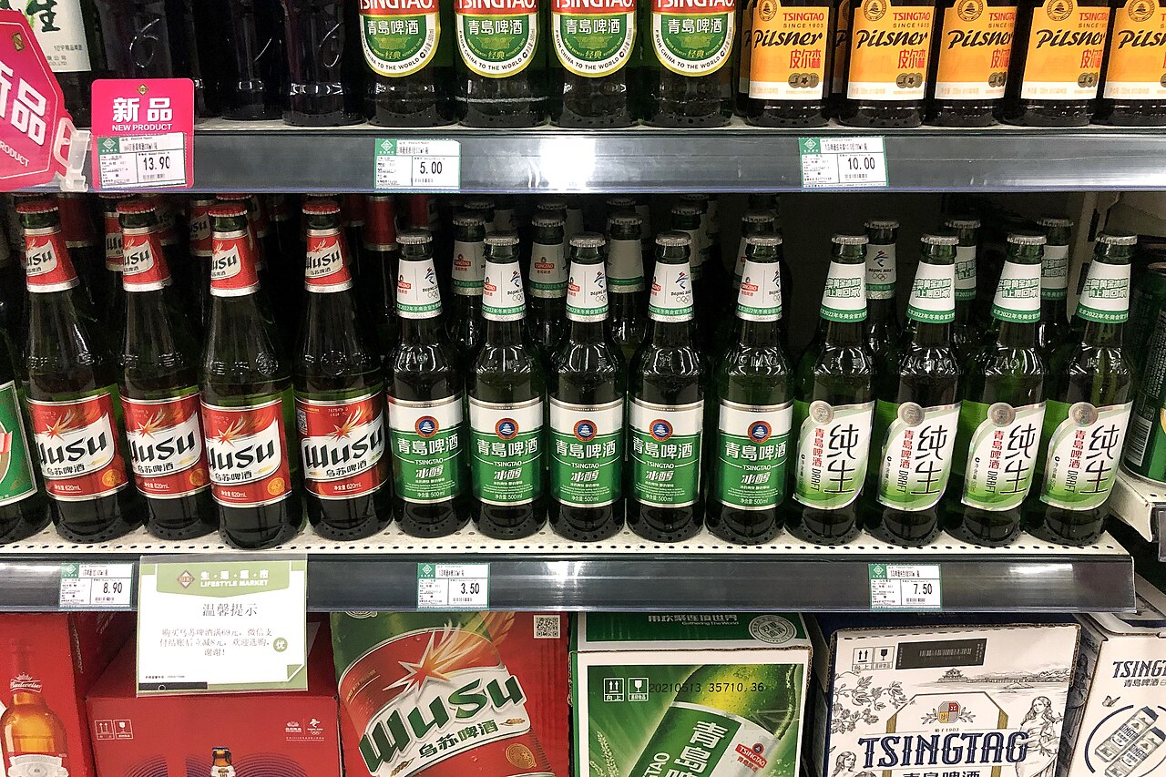 Bottles and cans of Tsingtao beer