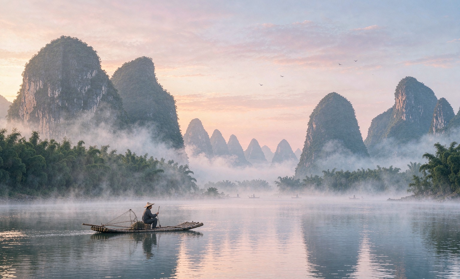 Karst peaks and boats on the Li River near Yangshuo