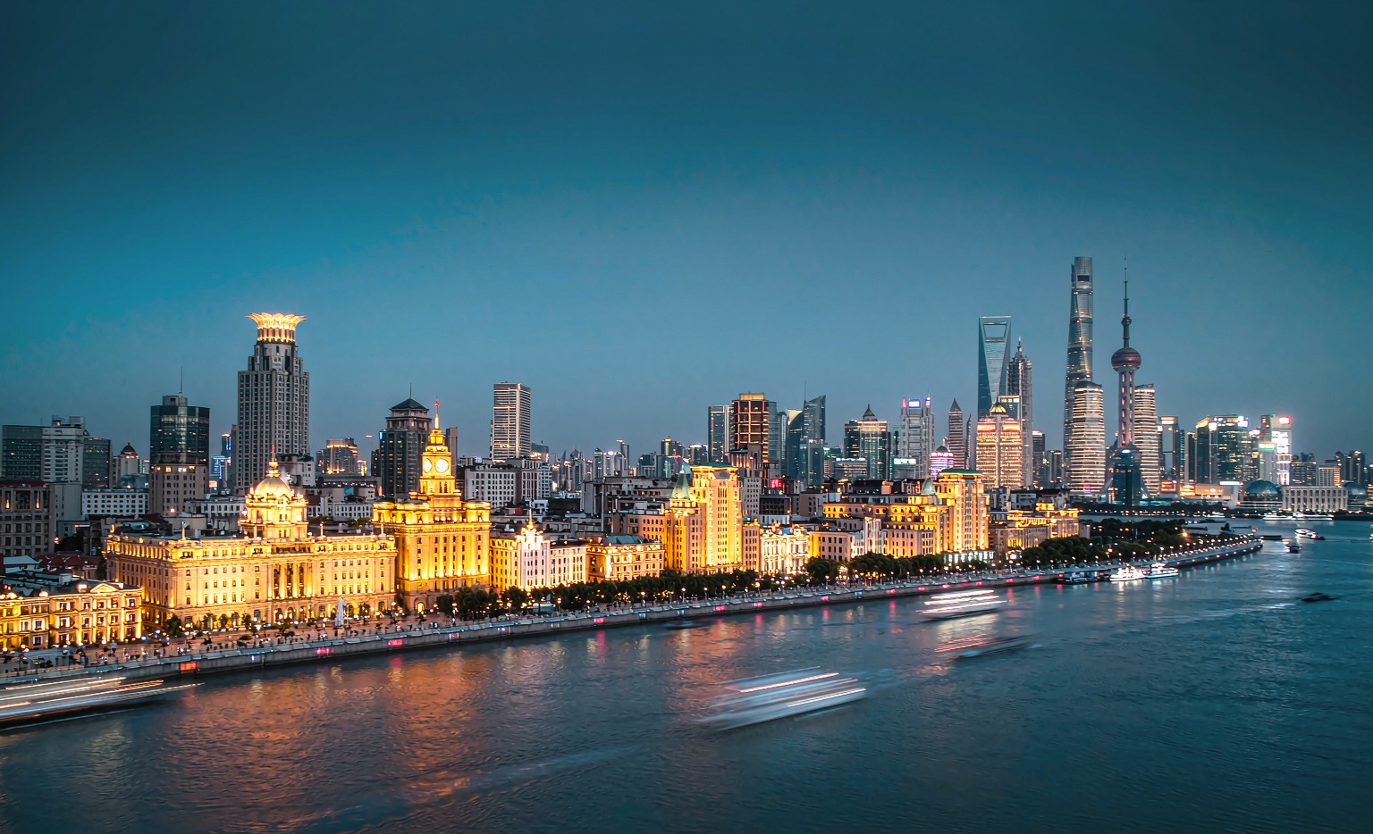 The Bund in Shanghai at blue hour, seen from above