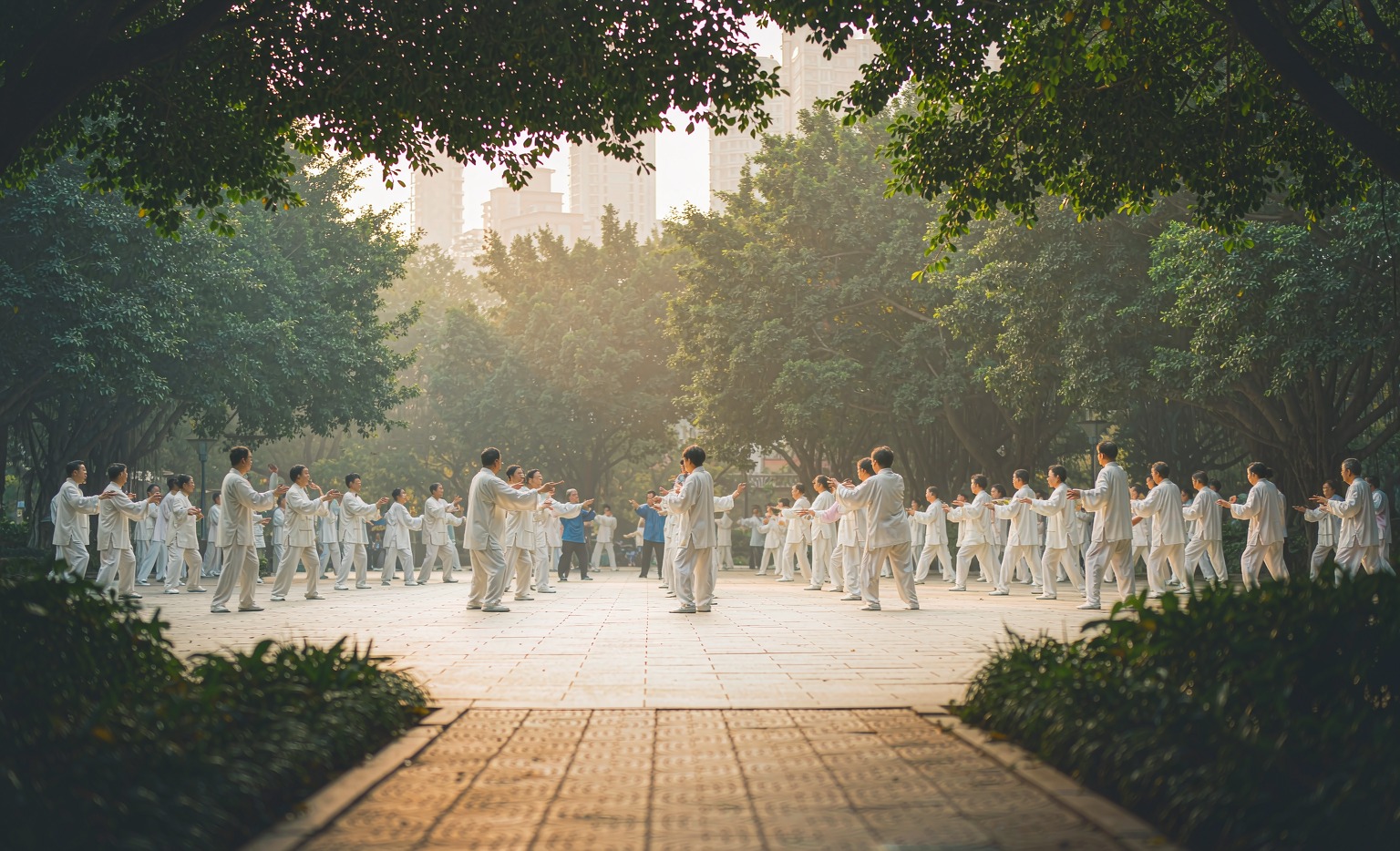 People practising tai chi in a park in Haikou