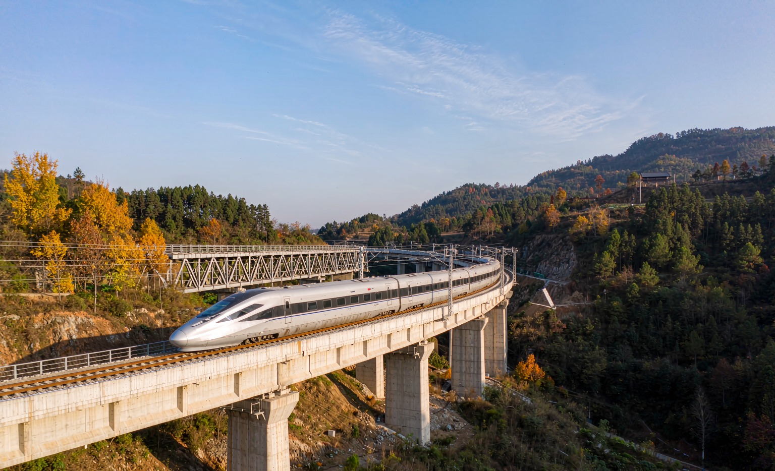 A white high-speed train crossing a viaduct through autumn mountains in China