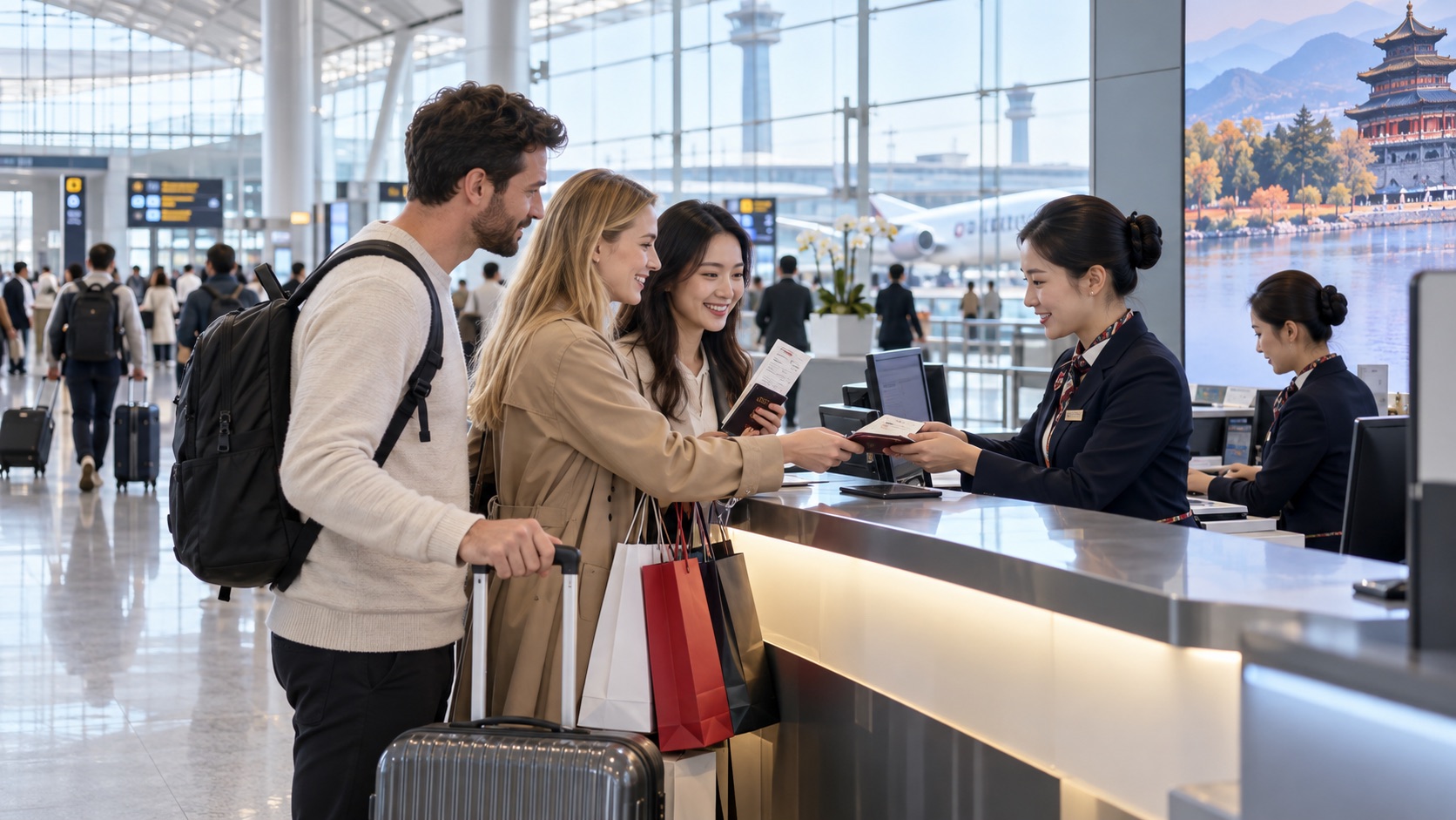 An editorial illustration of international travelers at an airport tax-refund counter in China