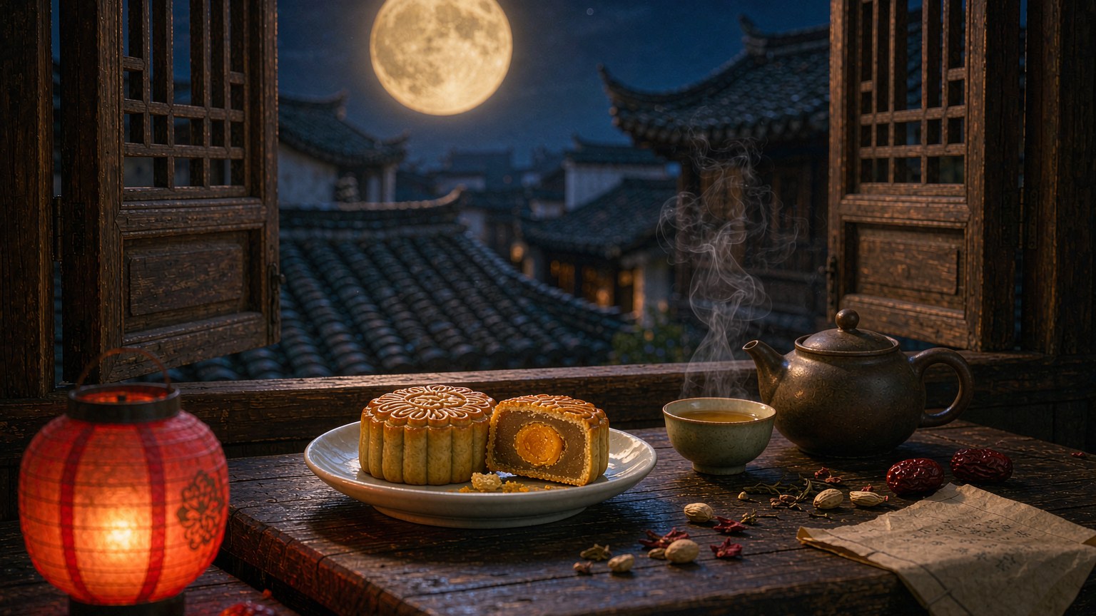 Mooncakes, tea and a glowing red lantern on a wooden windowsill, with the full moon rising over old tiled rooftops at night.