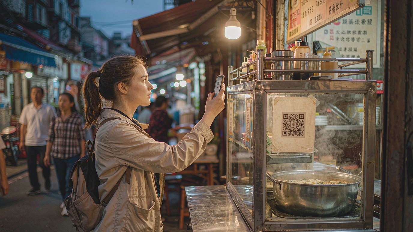A Western backpacker scans a QR code with her phone at a night-market food stall in China.