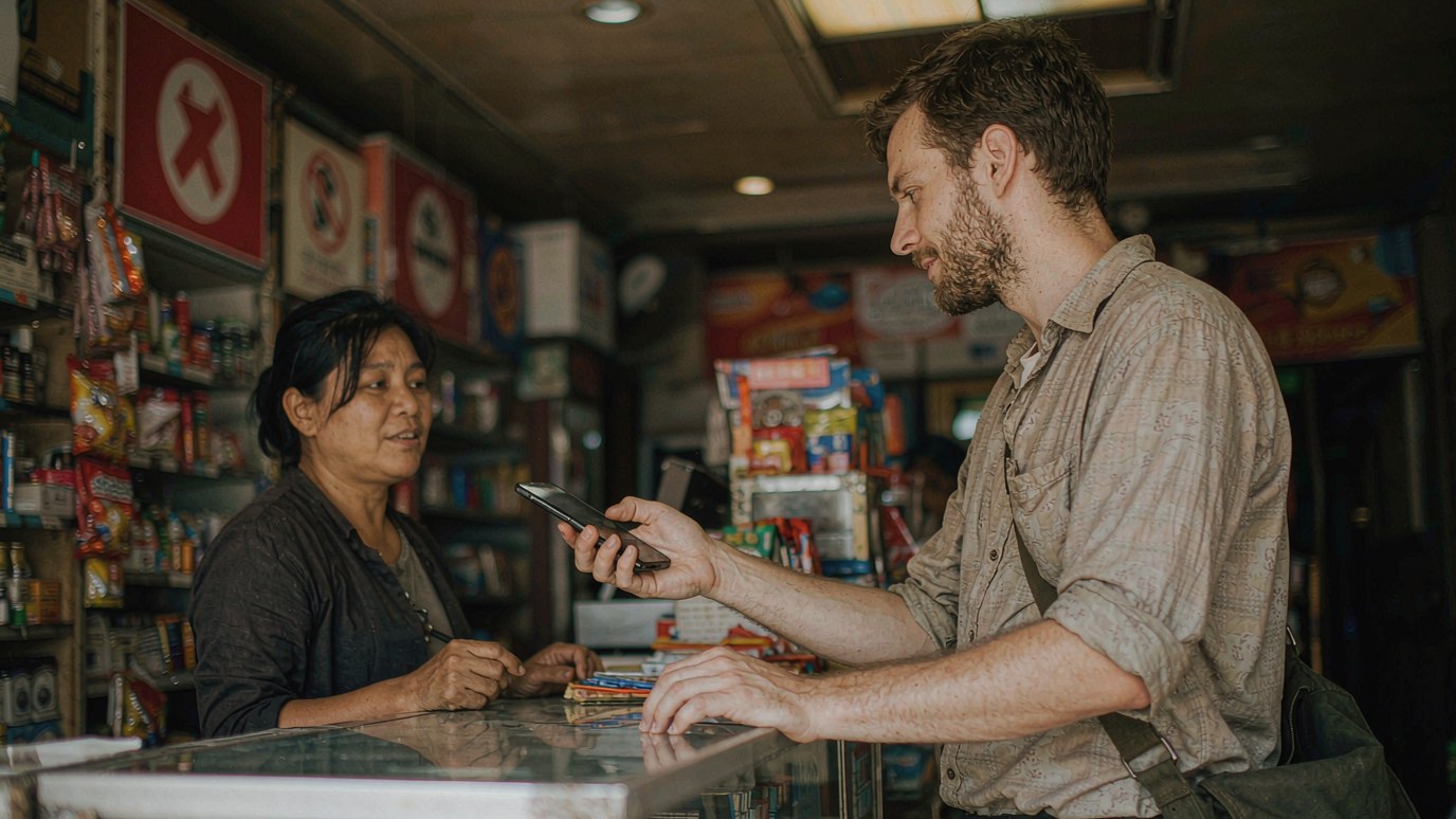 A hand holds a smartphone showing a payment confirmation over the counter of a small Chinese shop