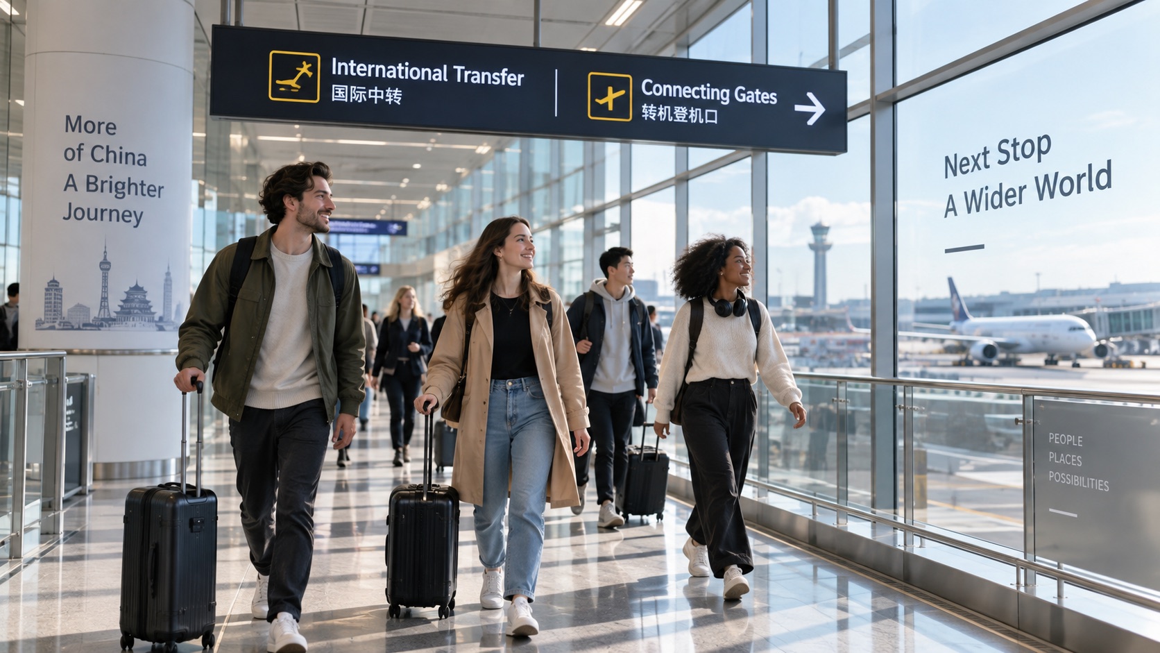 An editorial illustration of international transit passengers following connecting-gates signs at a Chinese airport