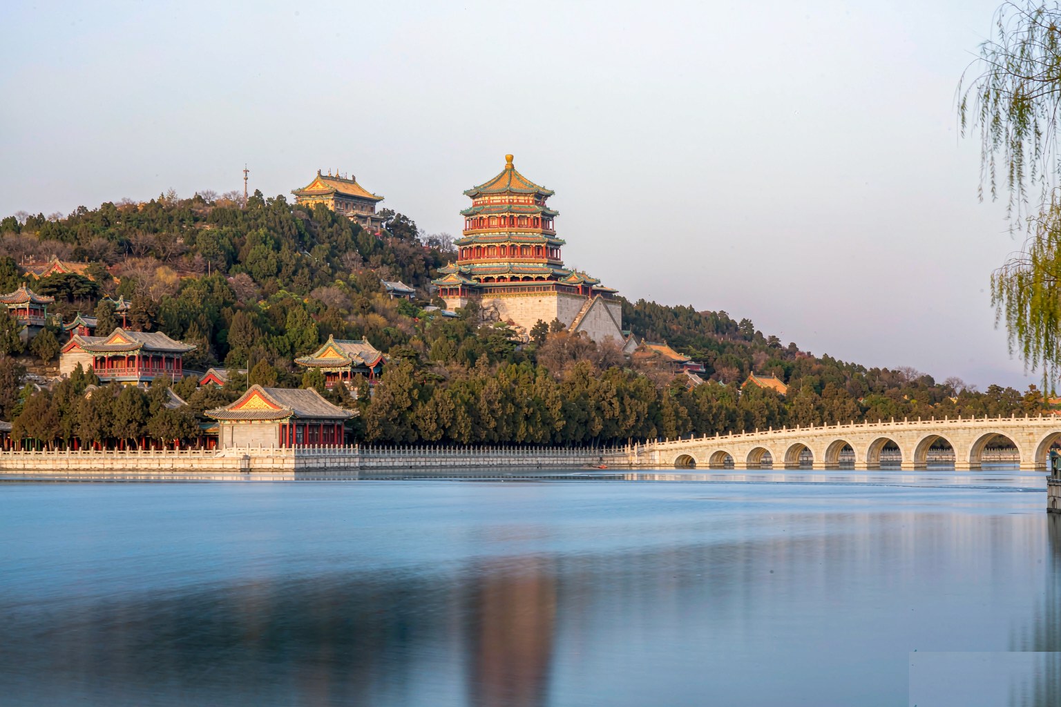 Kunming Lake seen from Longevity Hill in the Summer Palace, pleasure boats out on the water