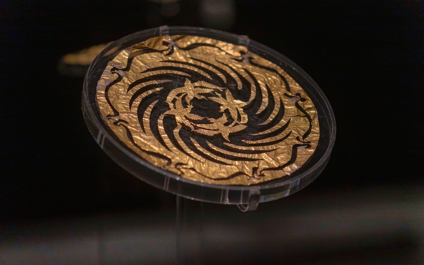 Gold sunbird ornament with swirling rays on a dark background