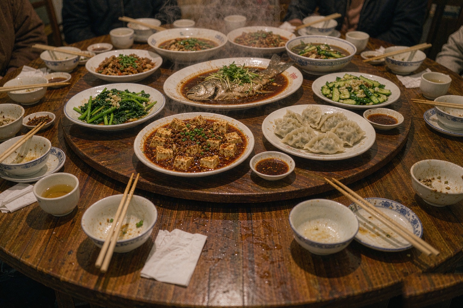 A round table of shared dishes at a Chinese restaurant