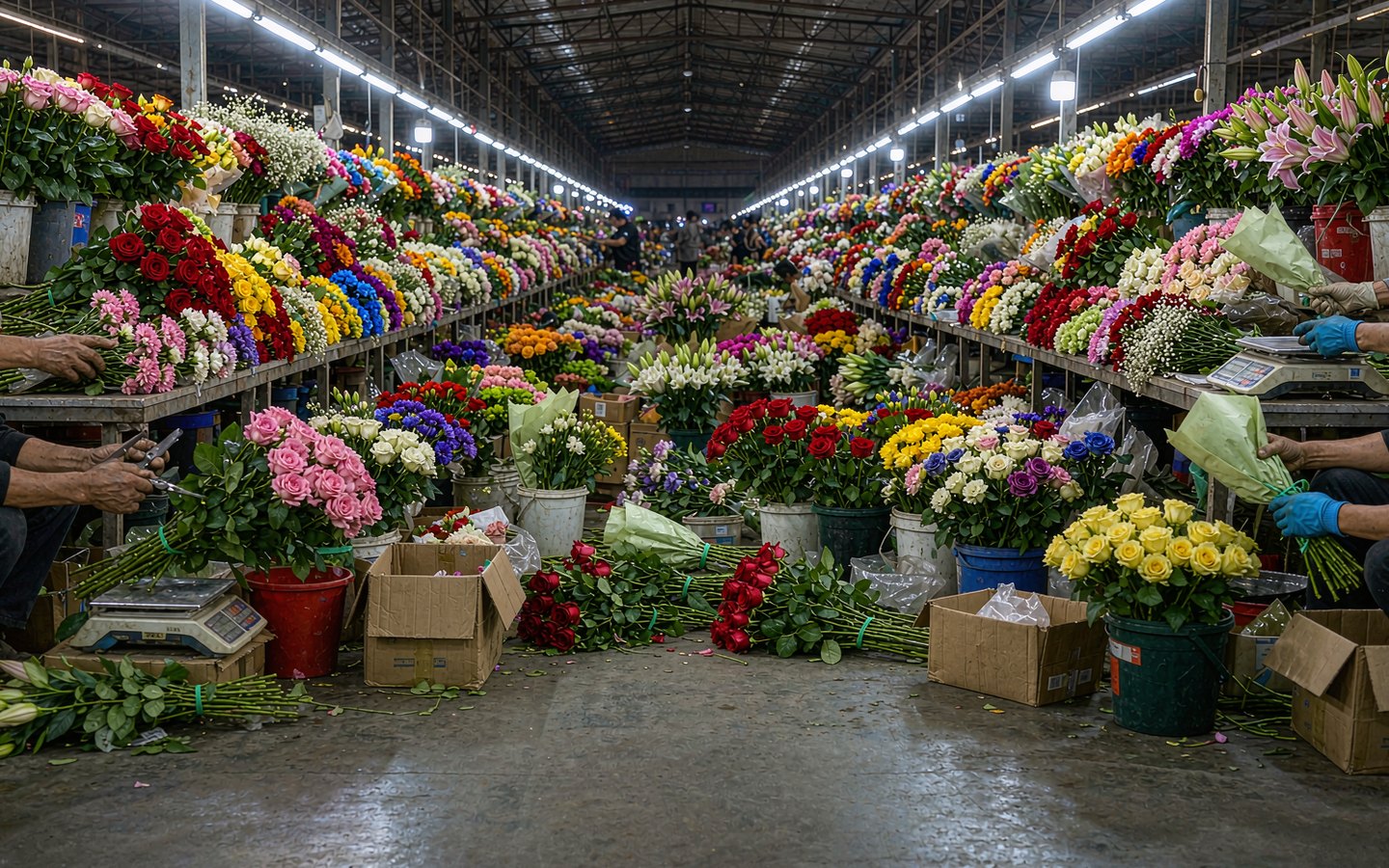 Mountains of fresh roses on night-market tables under bright lamps