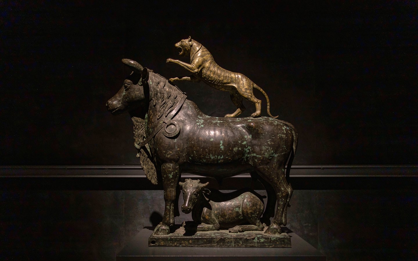 Bronze altar table of an ox attacked by a tiger, spotlighted