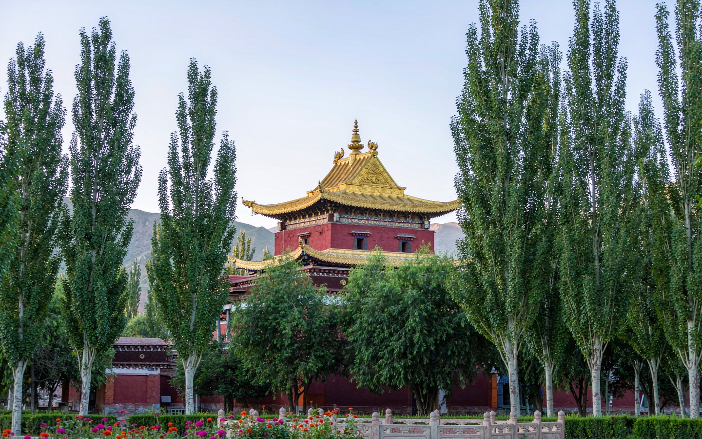 Gilded palace pavilion among tall poplars in a Tibetan garden