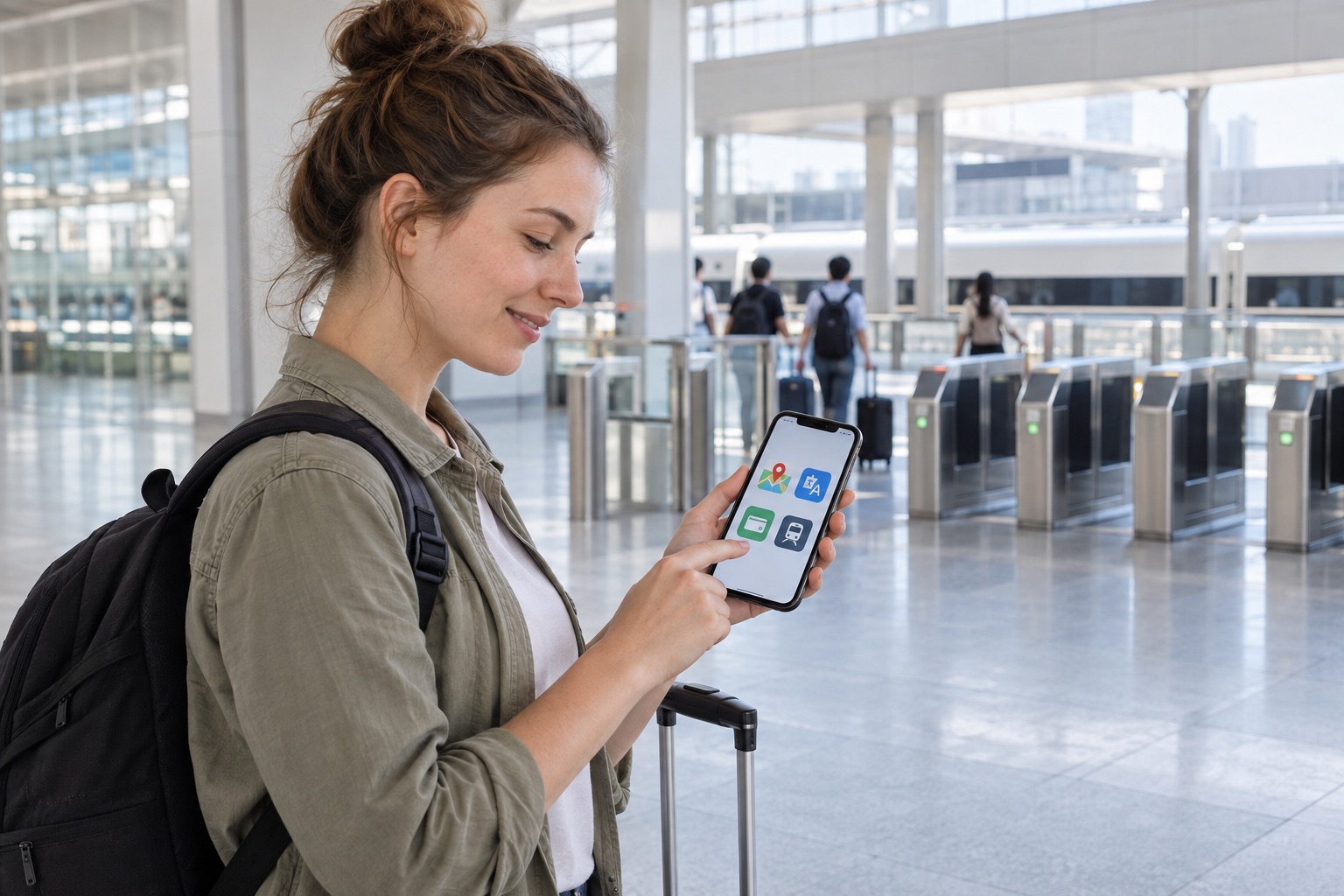 An international traveler uses travel apps with a high-speed train in the background