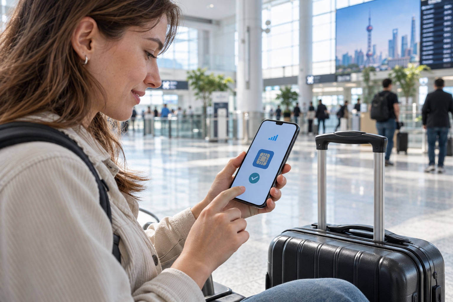 An international traveler activates an eSIM on her phone in a Chinese airport terminal
