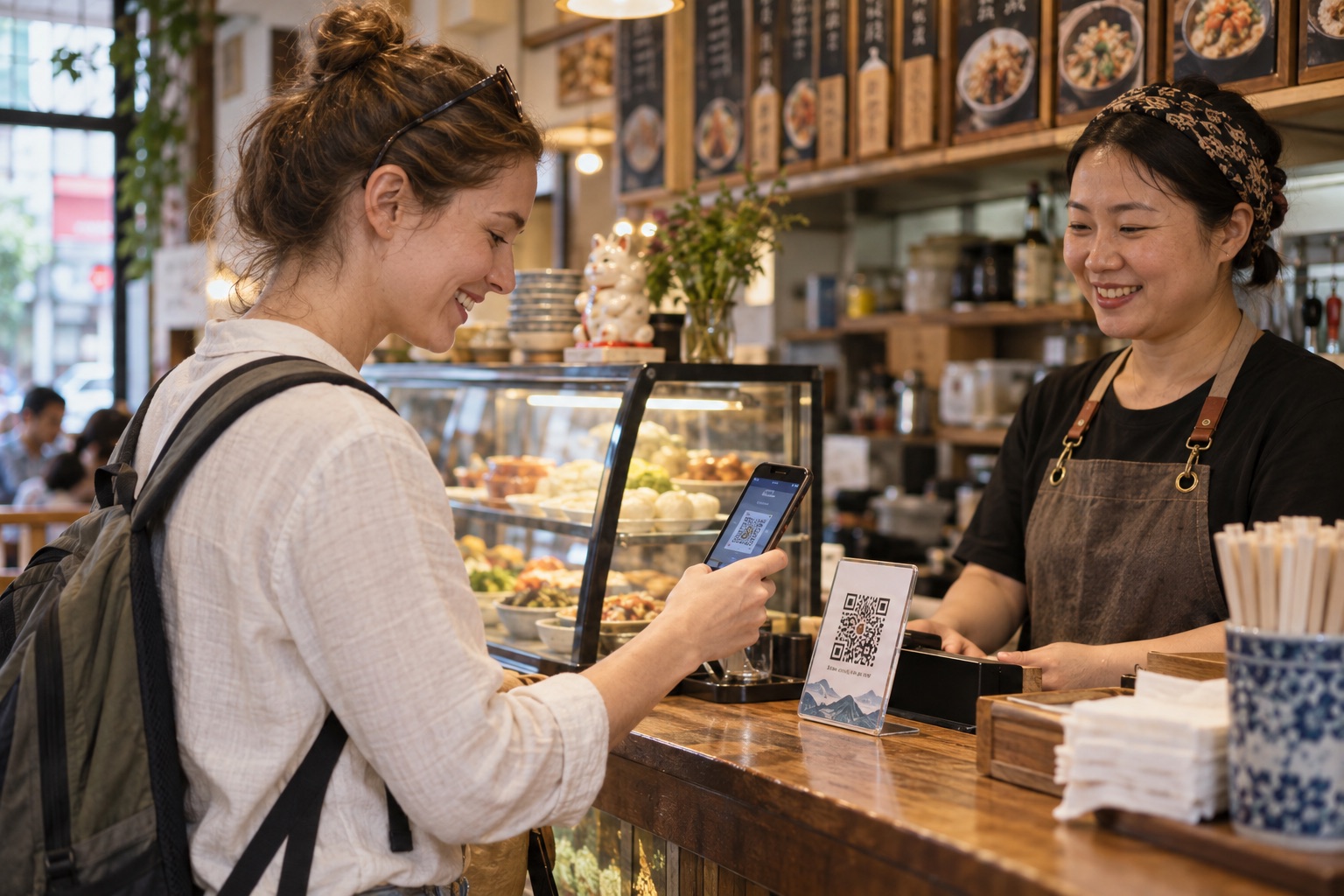 An international traveler scans a merchant QR code to pay at a Chinese food shop